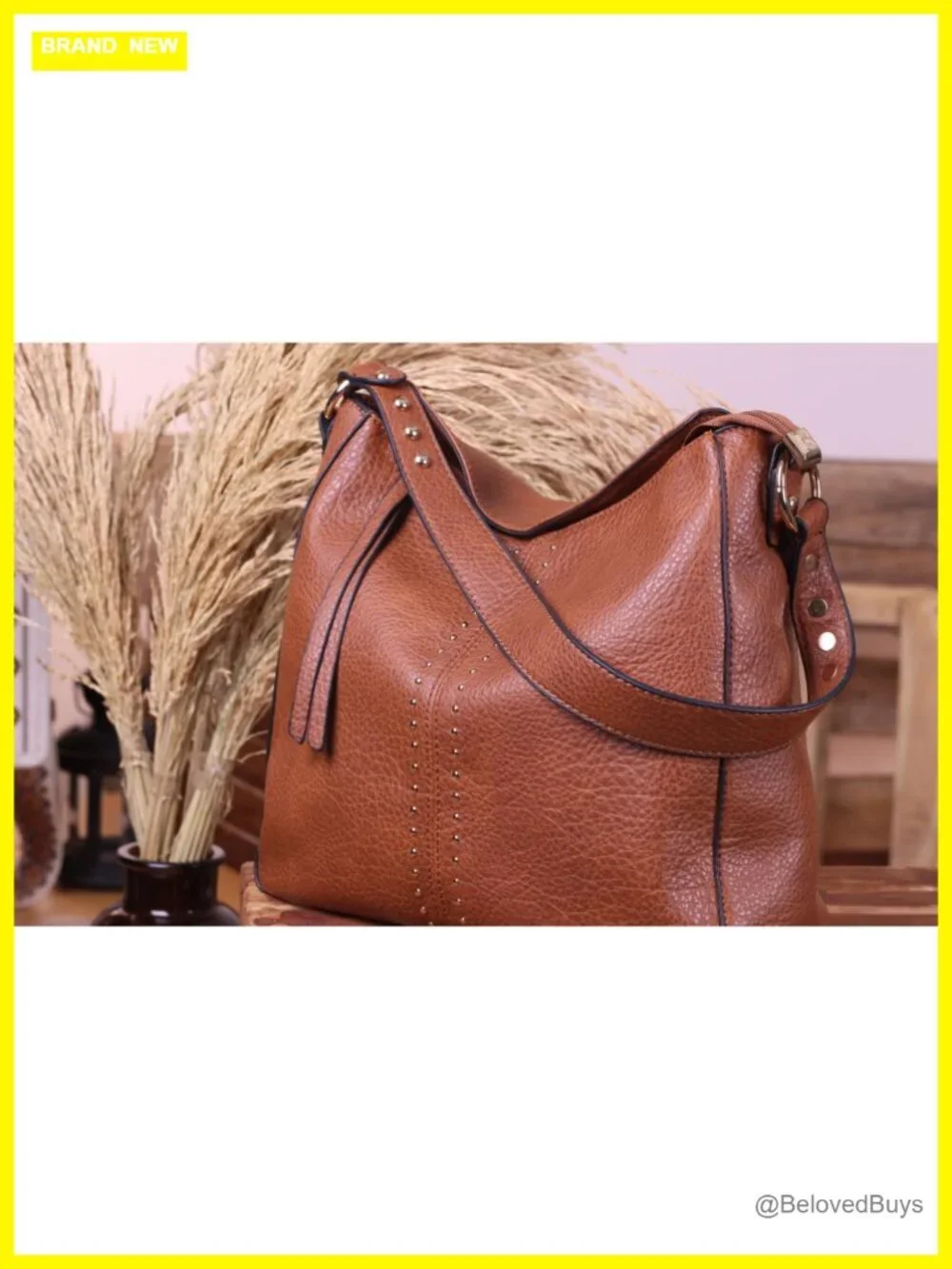 Vegan Leather Hobo Bag with Metal Studs - Crossbody Shoulder Purse Large